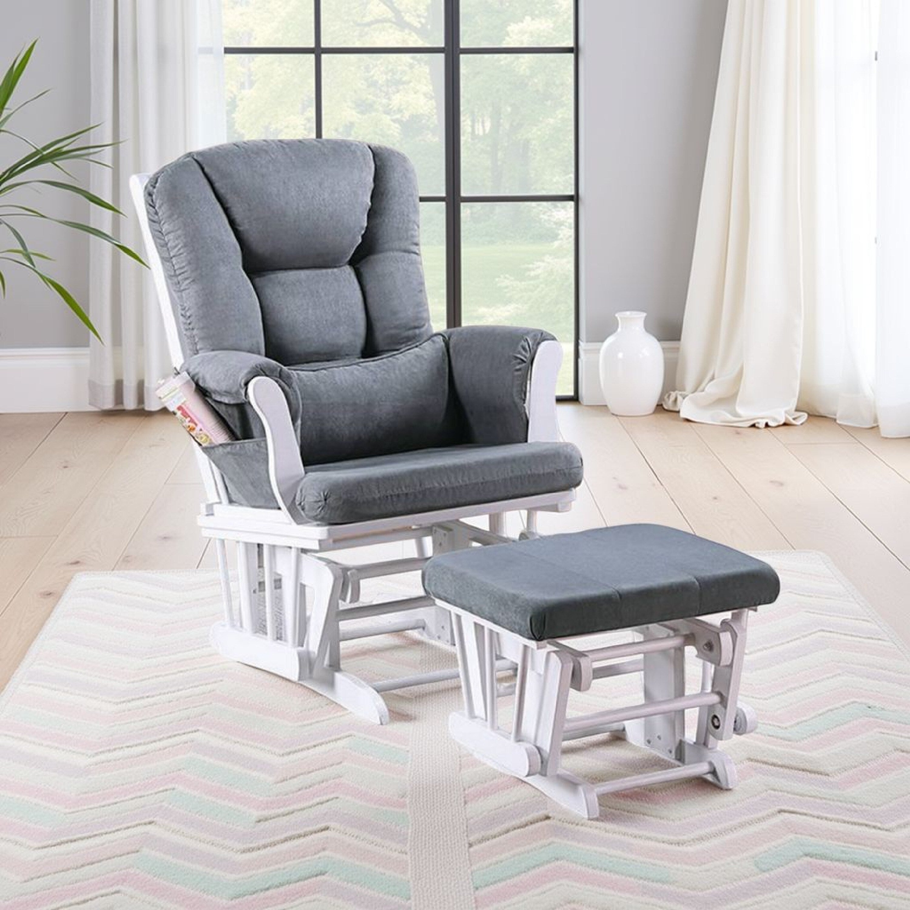 Fauteuil inclinable manuel Noni Glider avec repose-pieds carré, bois blanc et gris