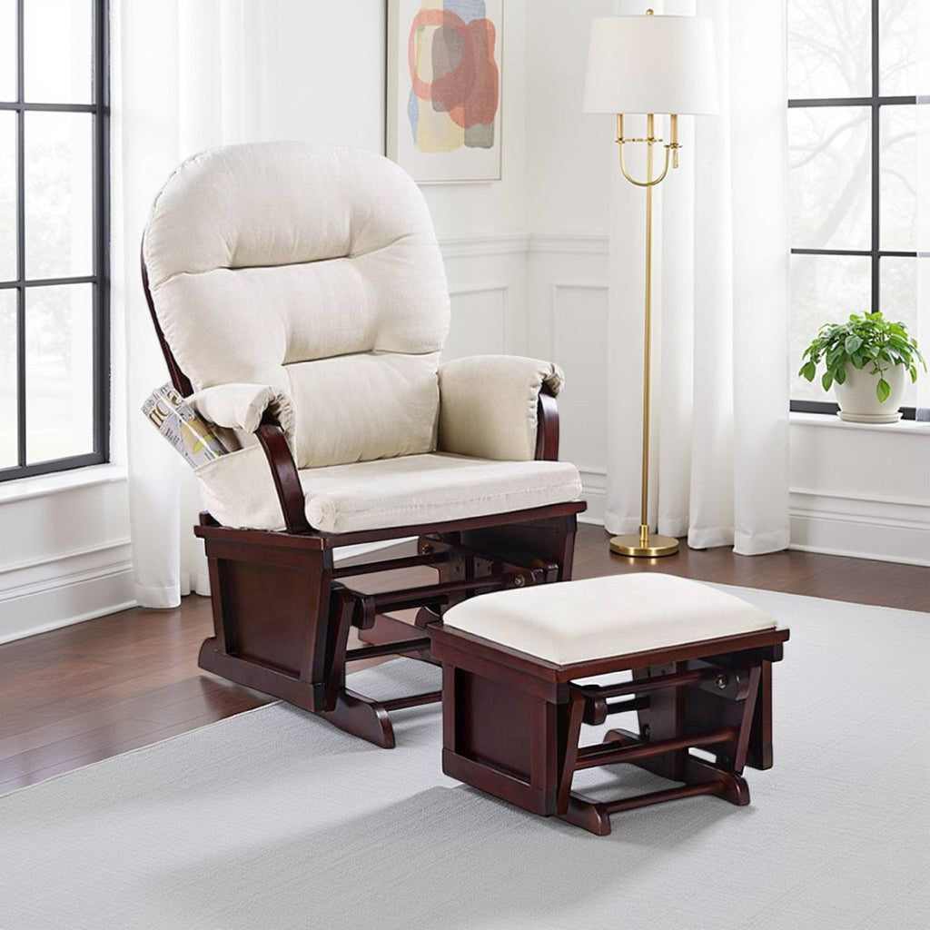 Fauteuil à bascule manuel Noni avec pouf, marron foncé, beige