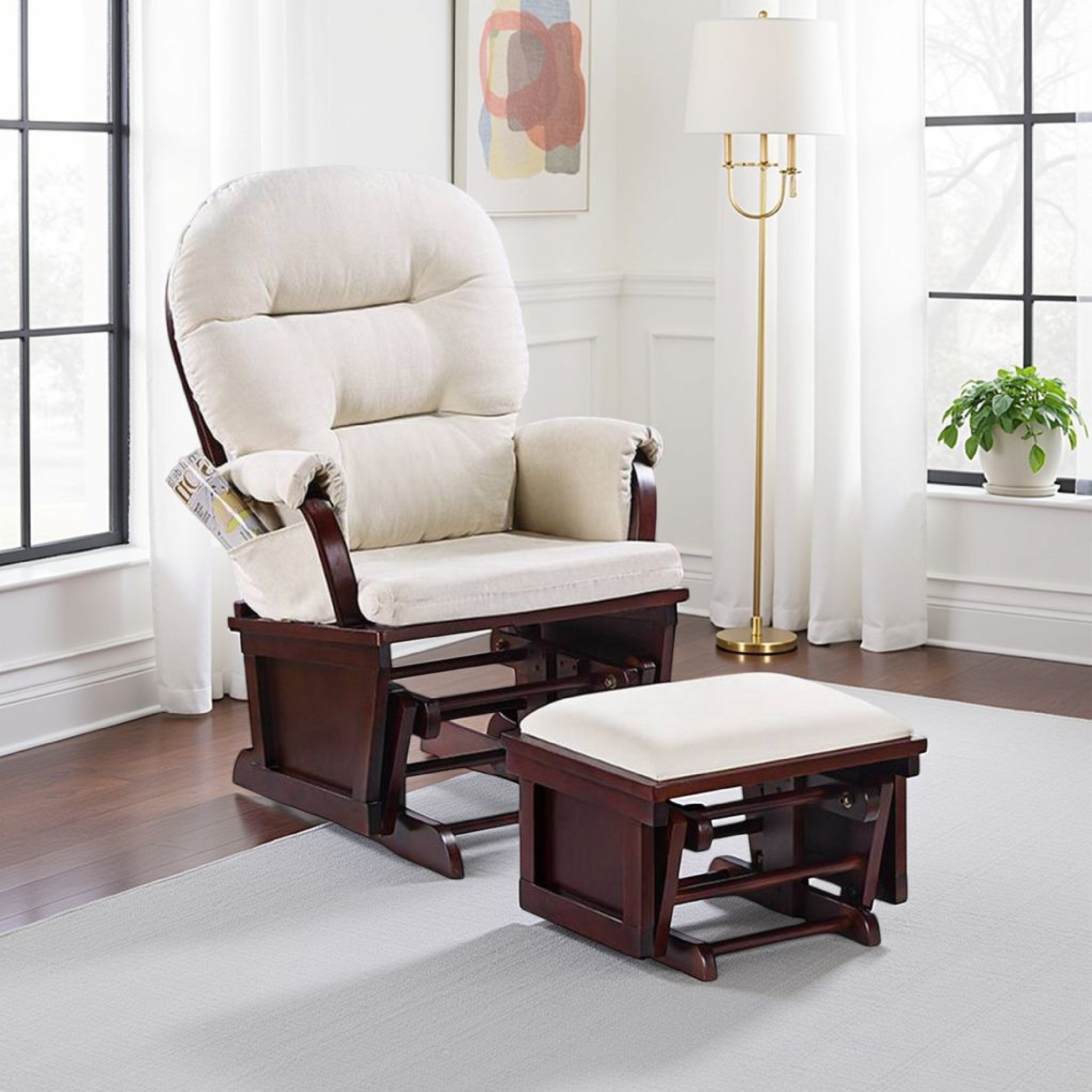Fauteuil à bascule manuel Noni avec pouf, marron foncé, beige