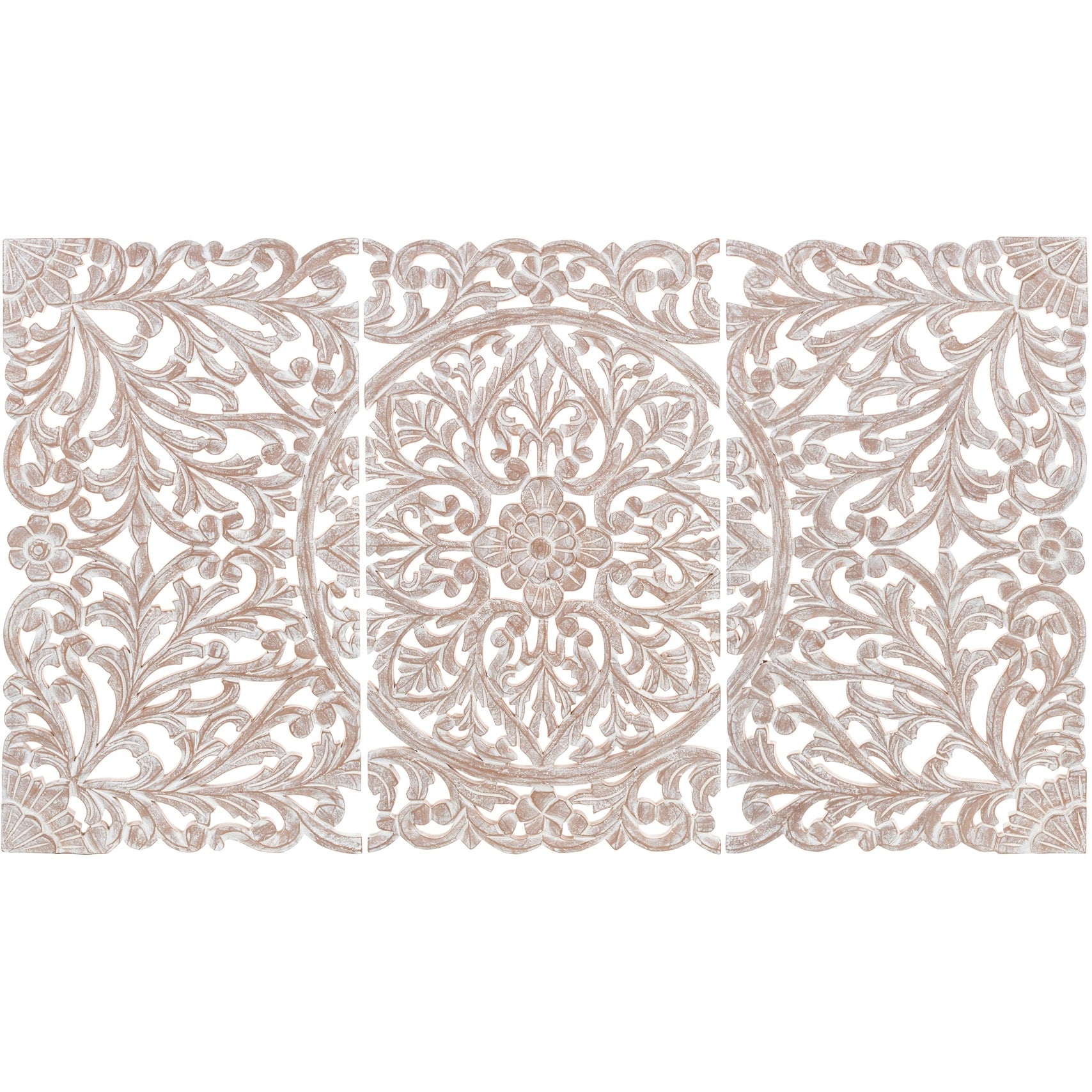 Décoration murale à 3 panneaux en bois naturel sculpté à la main, motif floral Norma, 48 x 28 pouces