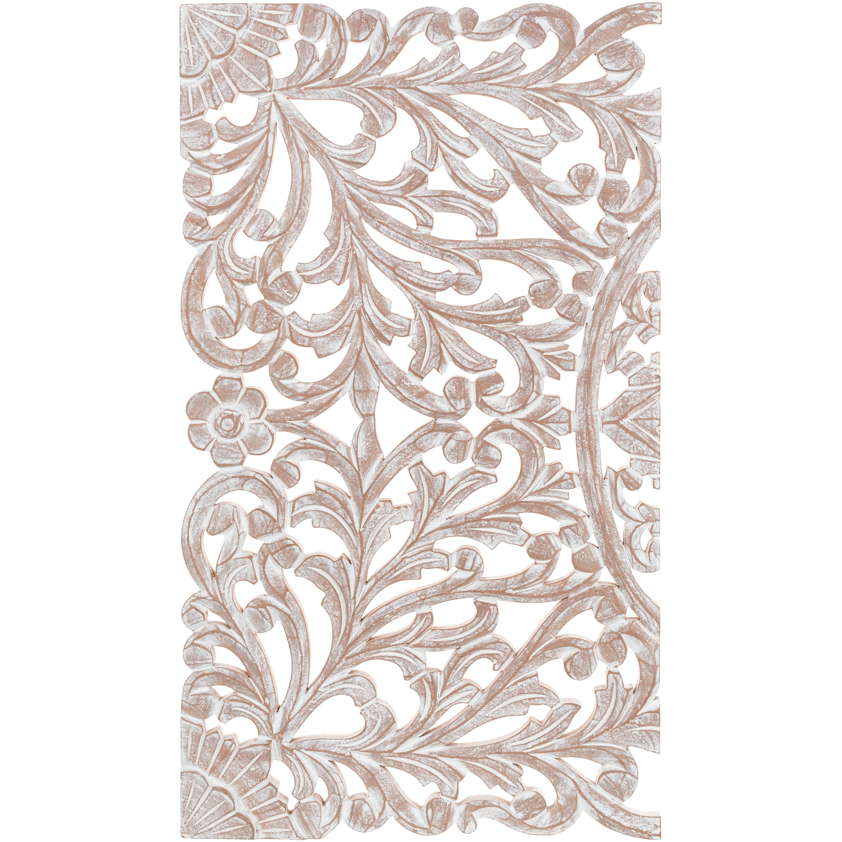Décoration murale à 3 panneaux en bois naturel sculpté à la main, motif floral Norma, 48 x 28 pouces