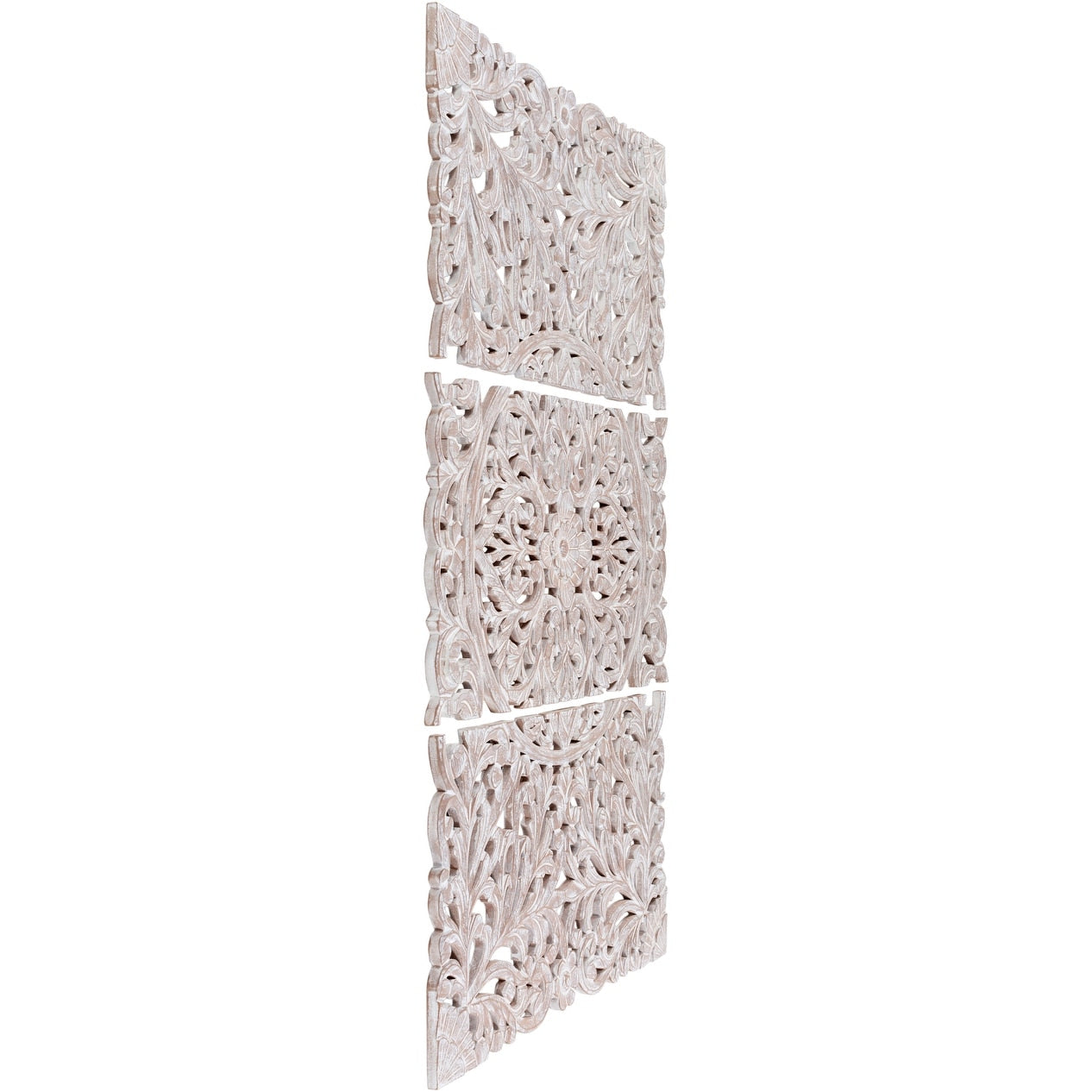 Décoration murale à 3 panneaux en bois naturel sculpté à la main, motif floral Norma, 48 x 28 pouces