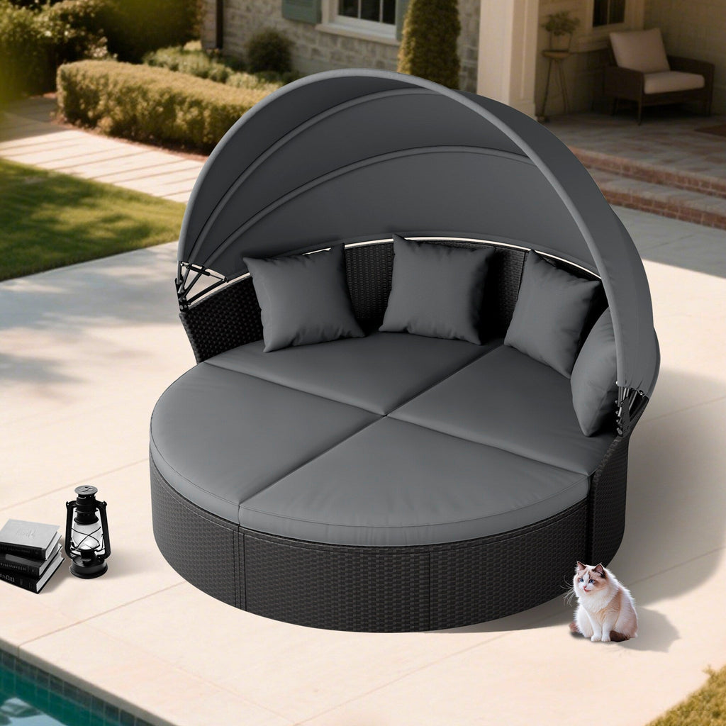Ensemble de canapé-lit d'extérieur Nuon 4 pièces en osier noir avec auvent rétractable par Havenside Home