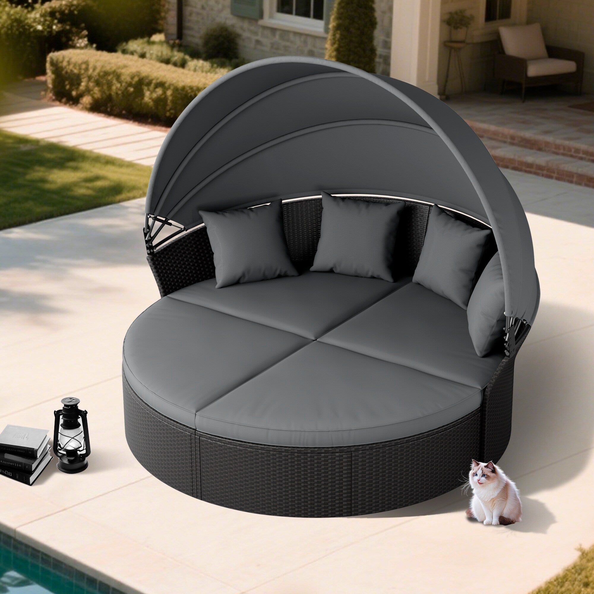 Ensemble de canapé-lit d'extérieur Nuon 4 pièces en osier noir avec auvent rétractable par Havenside Home