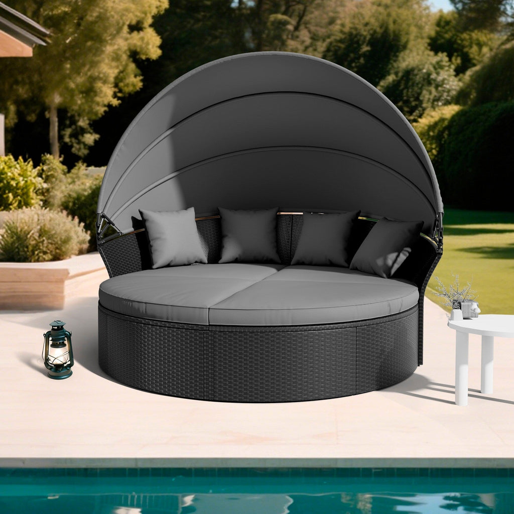 Ensemble de canapé-lit d'extérieur Nuon 4 pièces en osier noir avec auvent rétractable par Havenside Home