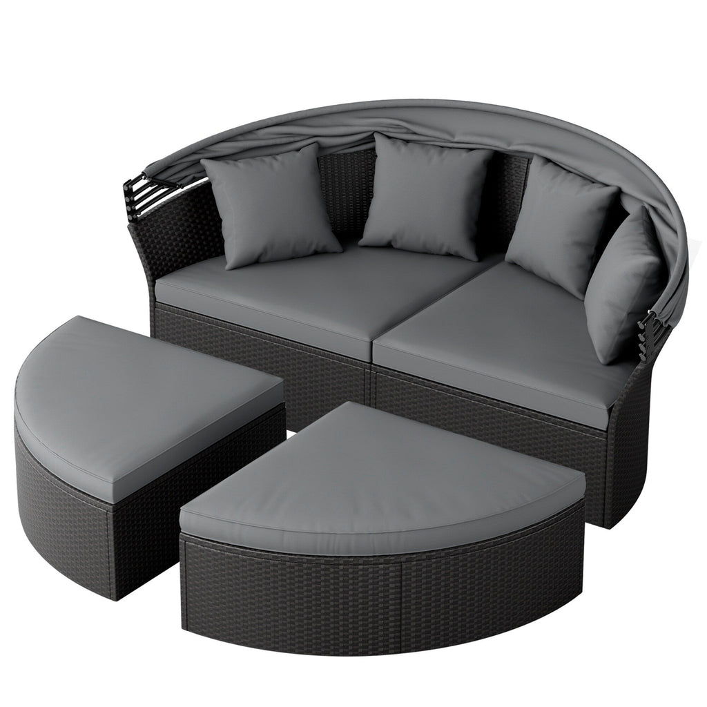 Ensemble de canapé-lit d'extérieur Nuon 4 pièces en osier noir avec auvent rétractable par Havenside Home