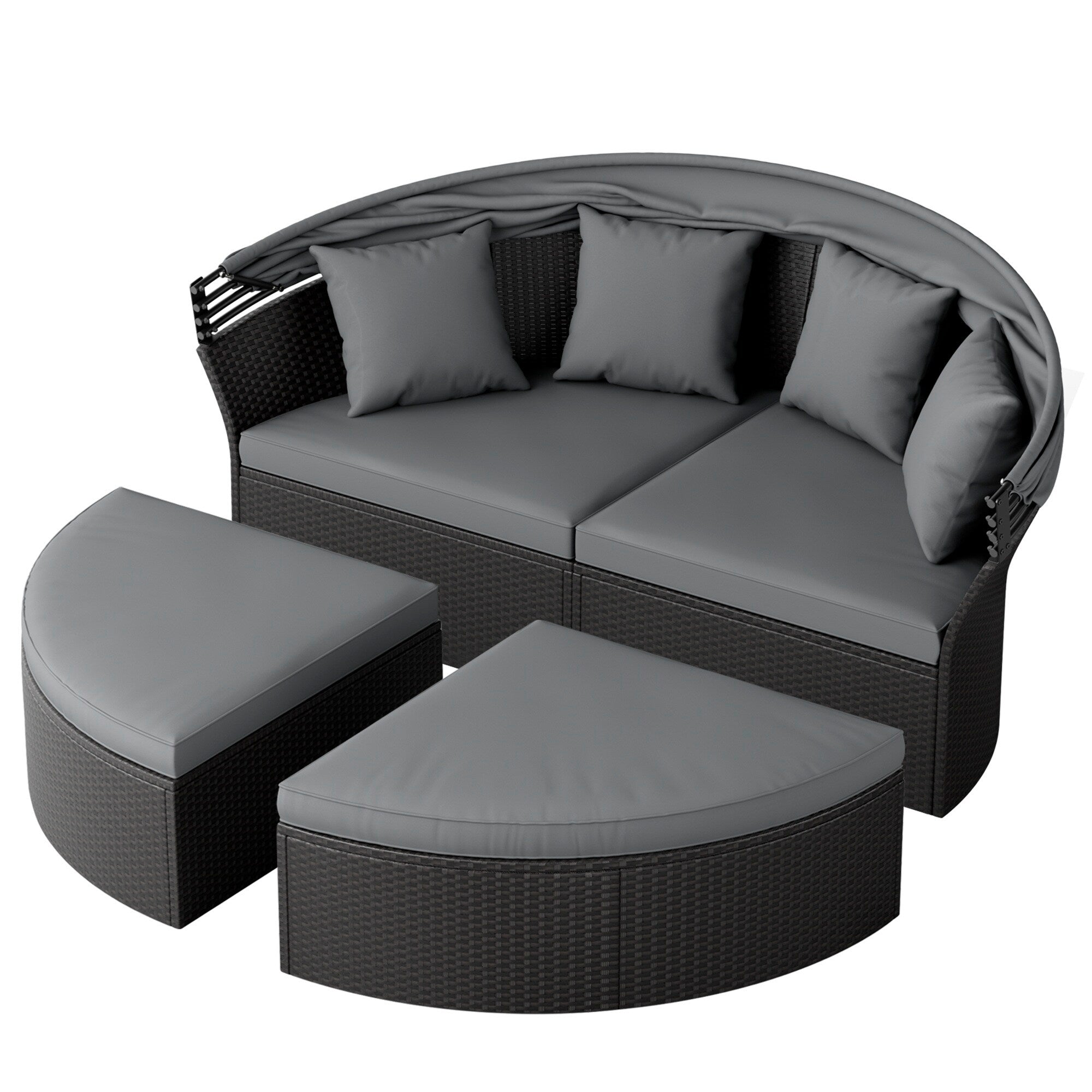 Ensemble de canapé-lit d'extérieur Nuon 4 pièces en osier noir avec auvent rétractable par Havenside Home