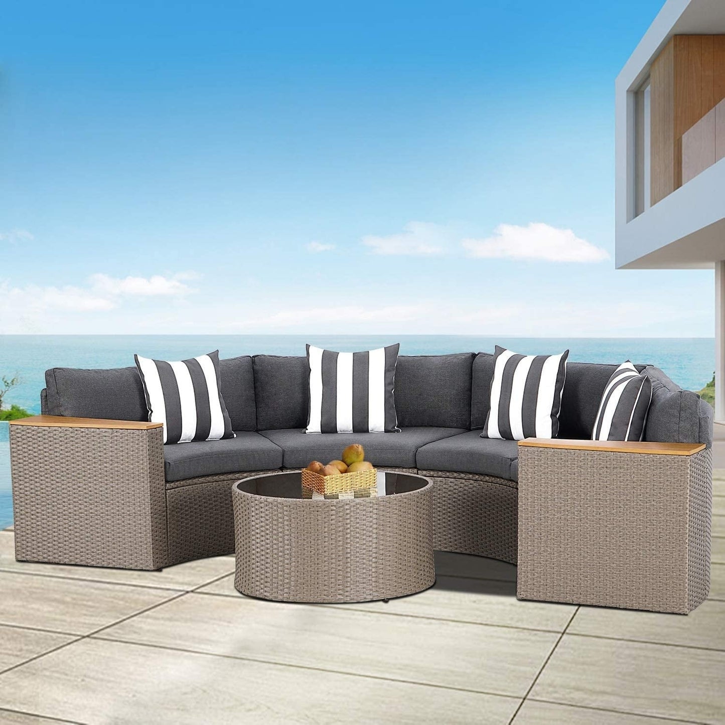 Ensemble de canapé sectionnel incurvé demi-lune demi-rond en rotin et osier Nuon Outdoor Patio Furniture 5 pièces par Havenside Home