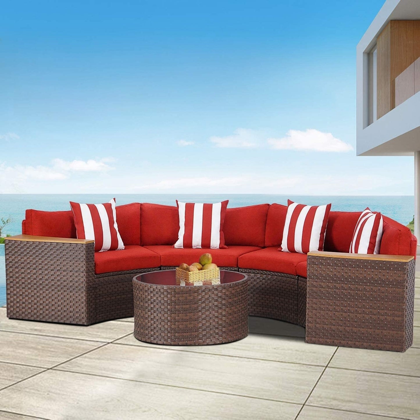 Ensemble de canapé sectionnel incurvé demi-lune demi-rond en rotin et osier Nuon Outdoor Patio Furniture 5 pièces par Havenside Home