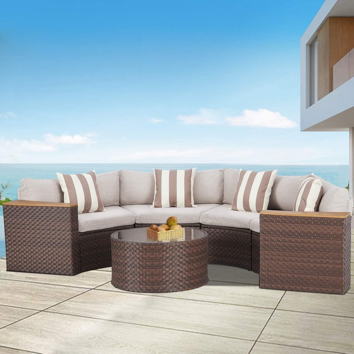Ensemble de canapé sectionnel incurvé demi-lune demi-rond en rotin et osier Nuon Outdoor Patio Furniture 5 pièces par Havenside Home