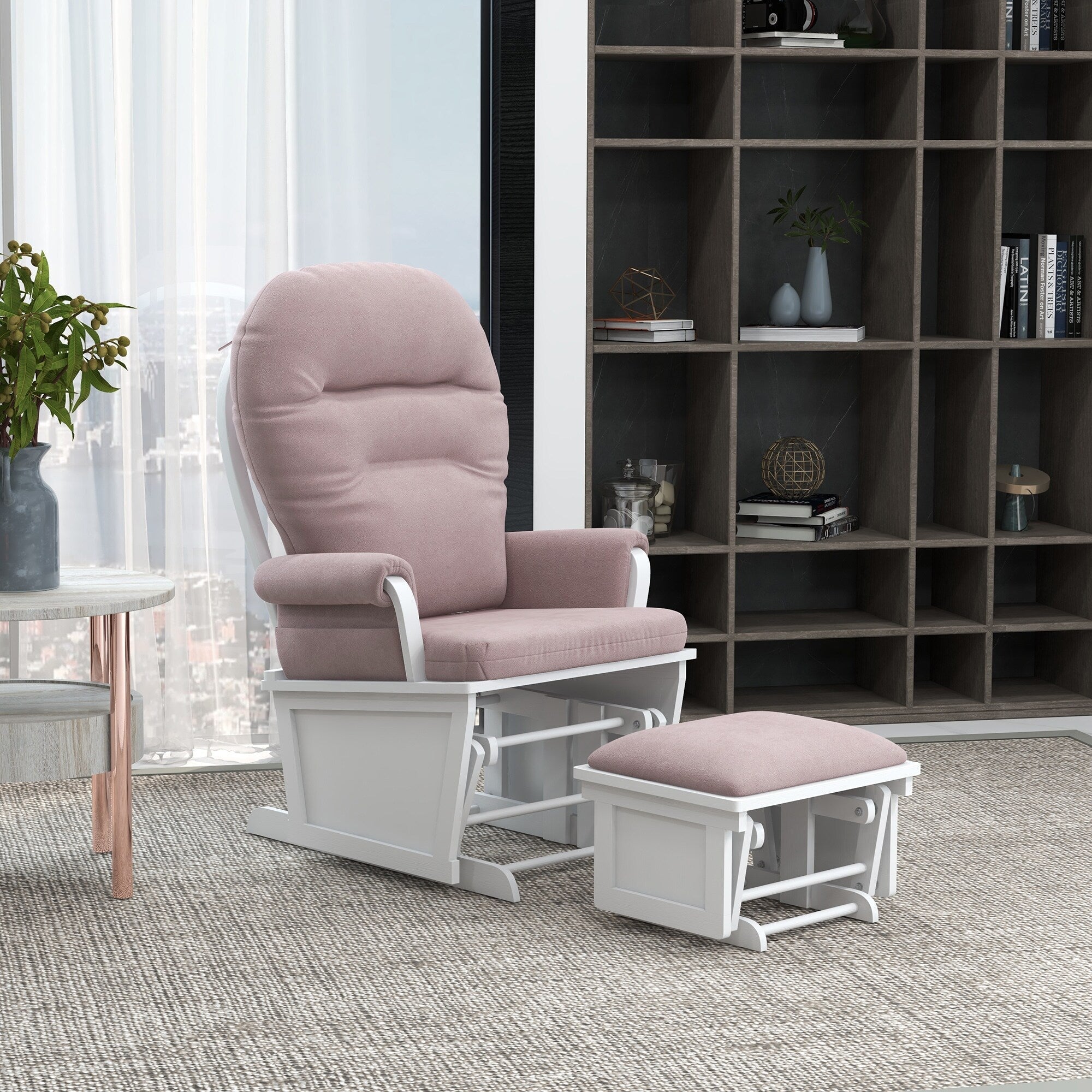 Fauteuil à bascule pour chambre d'enfant, coussin épais et rembourré, fauteuil en lin doux avec pouf et base en bois