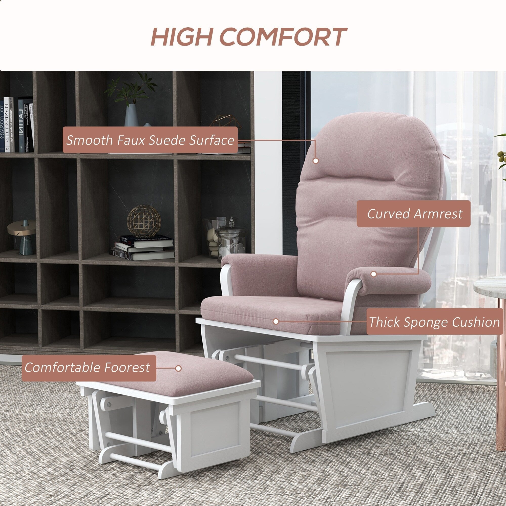 Fauteuil à bascule pour chambre d'enfant, coussin épais et rembourré, fauteuil en lin doux avec pouf et base en bois