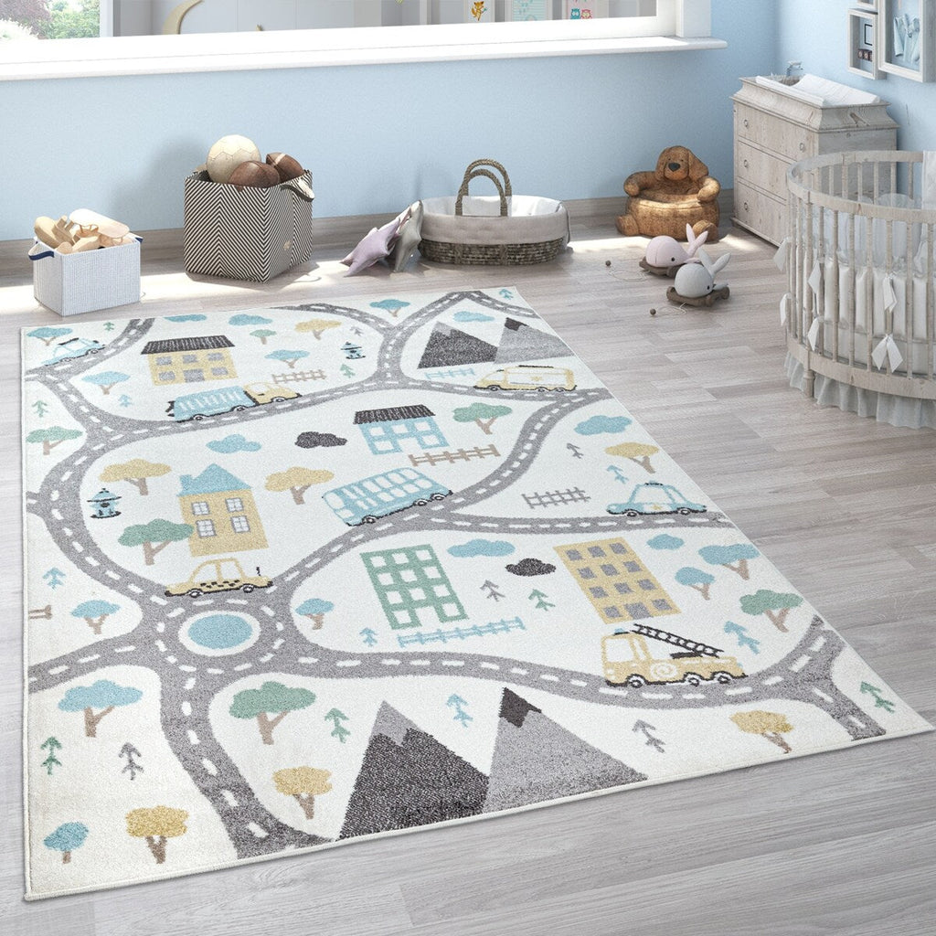 Tapis de chambre d'enfant avec motif de rues, de voitures et d'arbres aux couleurs pastel