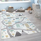 Tapis de chambre d'enfant avec motif de rues, de voitures et d'arbres aux couleurs pastel