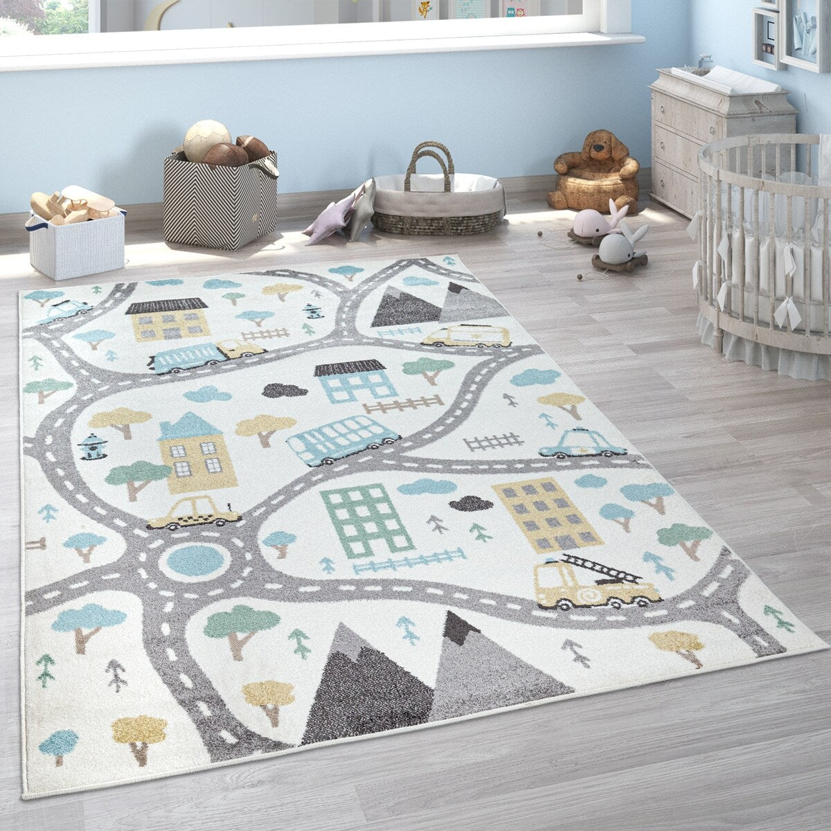 Tapis de chambre d'enfant avec motif de rues, de voitures et d'arbres aux couleurs pastel