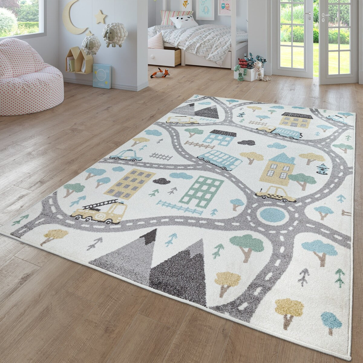 Tapis de chambre d'enfant avec motif de rues, de voitures et d'arbres aux couleurs pastel
