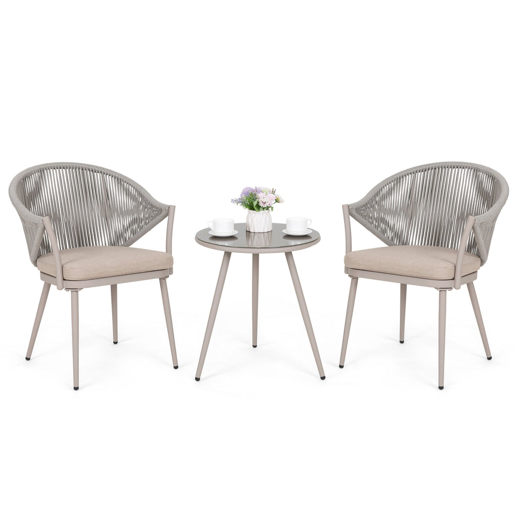 Ensemble bistrot d'extérieur 3 pièces en aluminium Nuu Garden, 1 table basse et 2 chaises en corde tressée avec coussins d'assise