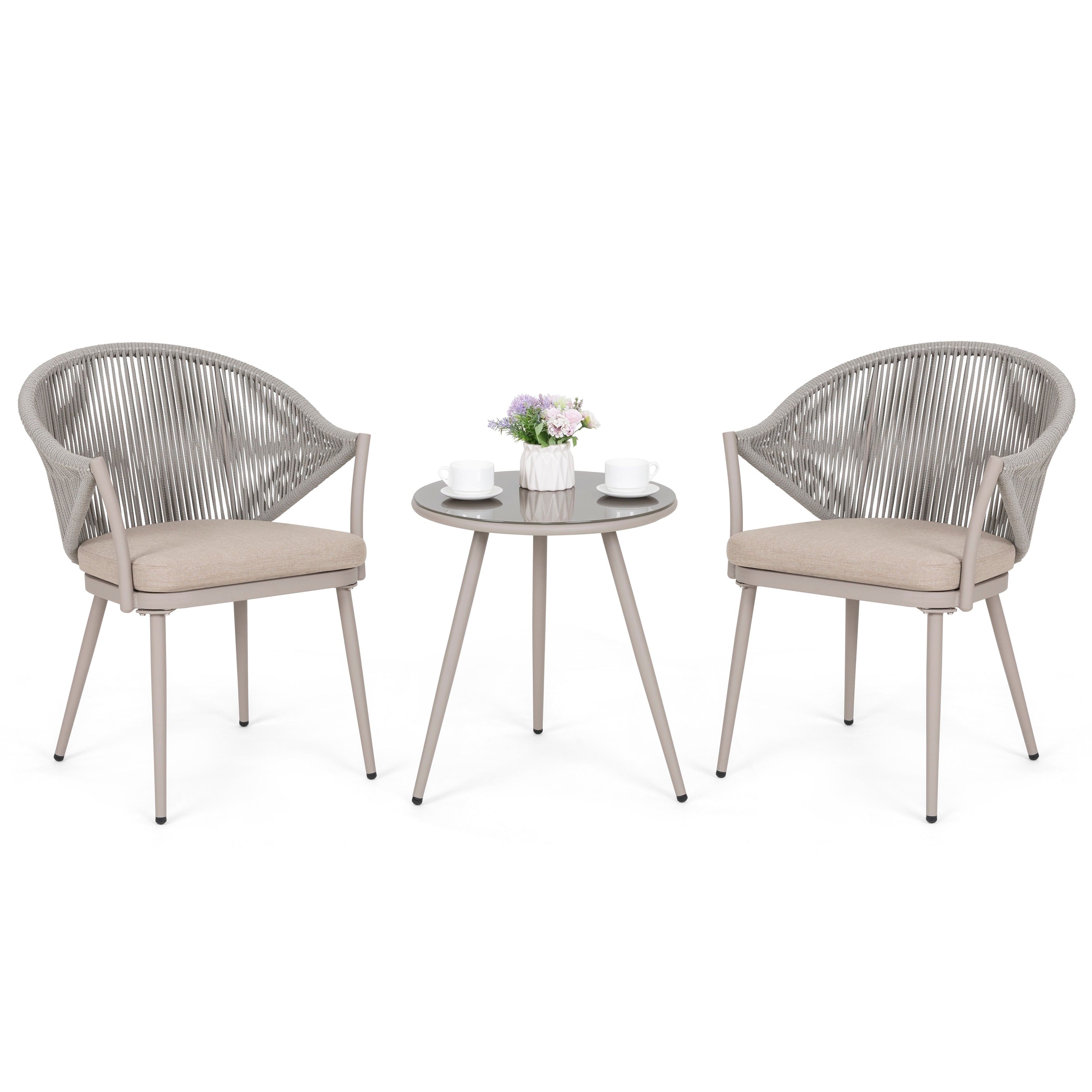 Ensemble bistrot d'extérieur 3 pièces en aluminium Nuu Garden, 1 table basse et 2 chaises en corde tressée avec coussins d'assise