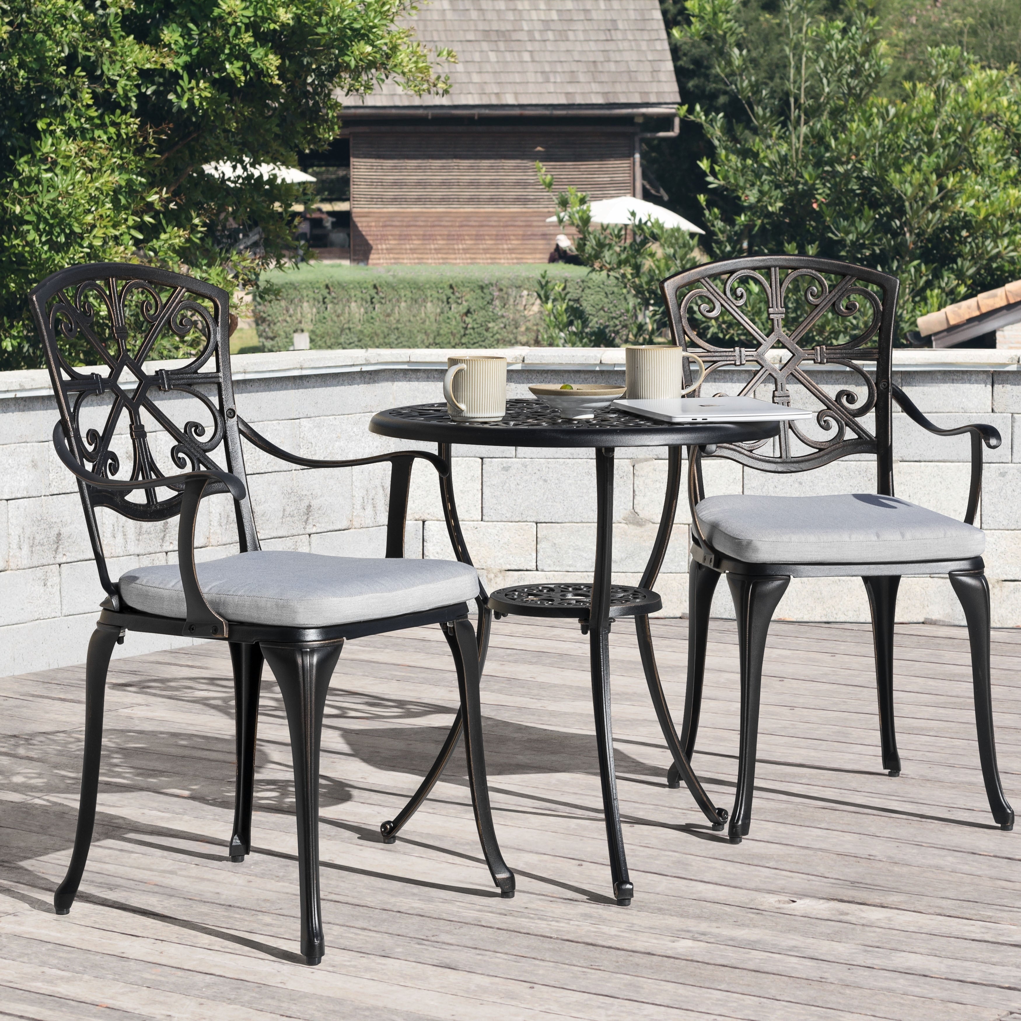 Ensemble de patio extérieur 3 pièces en aluminium moulé avec coussins et trou pour parasol