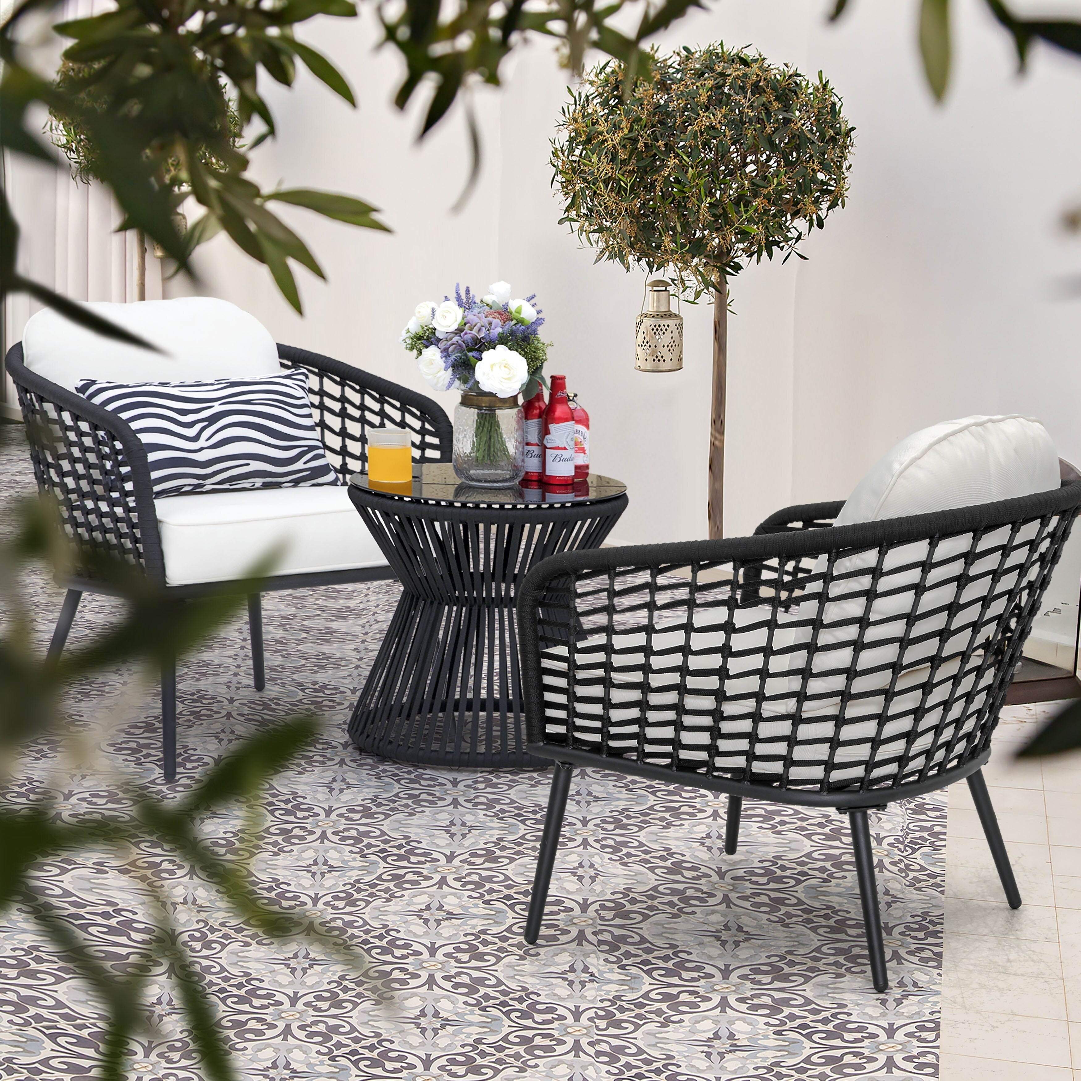 Ensemble bistro d'extérieur 3 pièces, 1 table basse et 2 chaises, noir