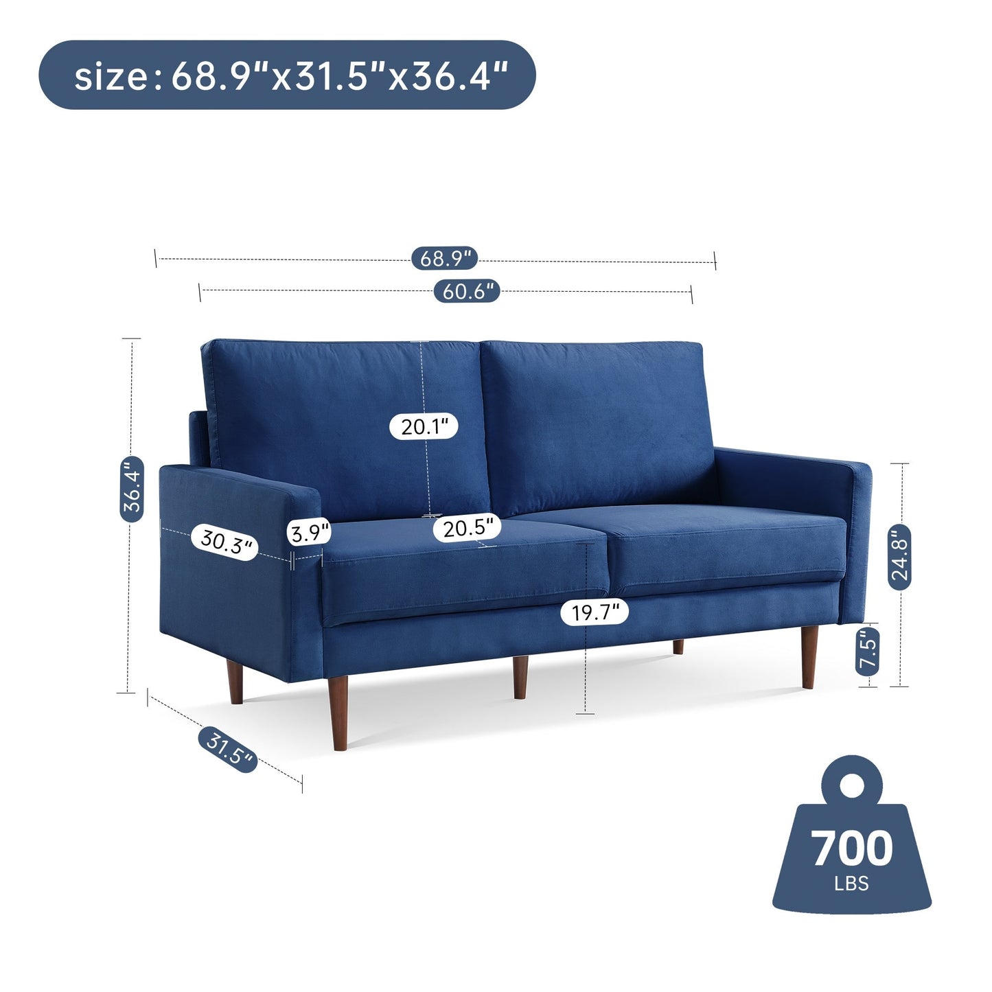 Canapé rembourré de 69 pouces de large avec accoudoirs carrés, mobilier de maison et de bureau OS