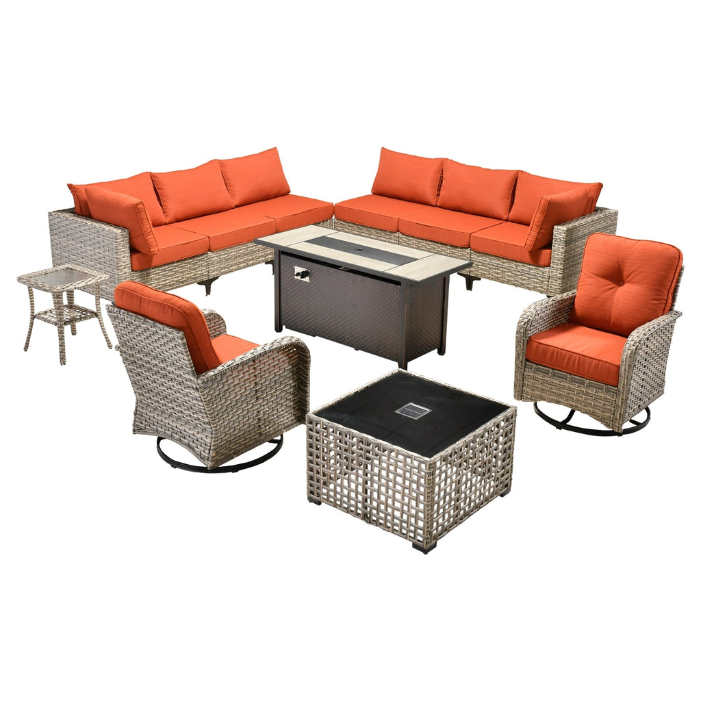 Ensemble de 11 chaises pivotantes d'extérieur en osier OVIOS avec table à feu