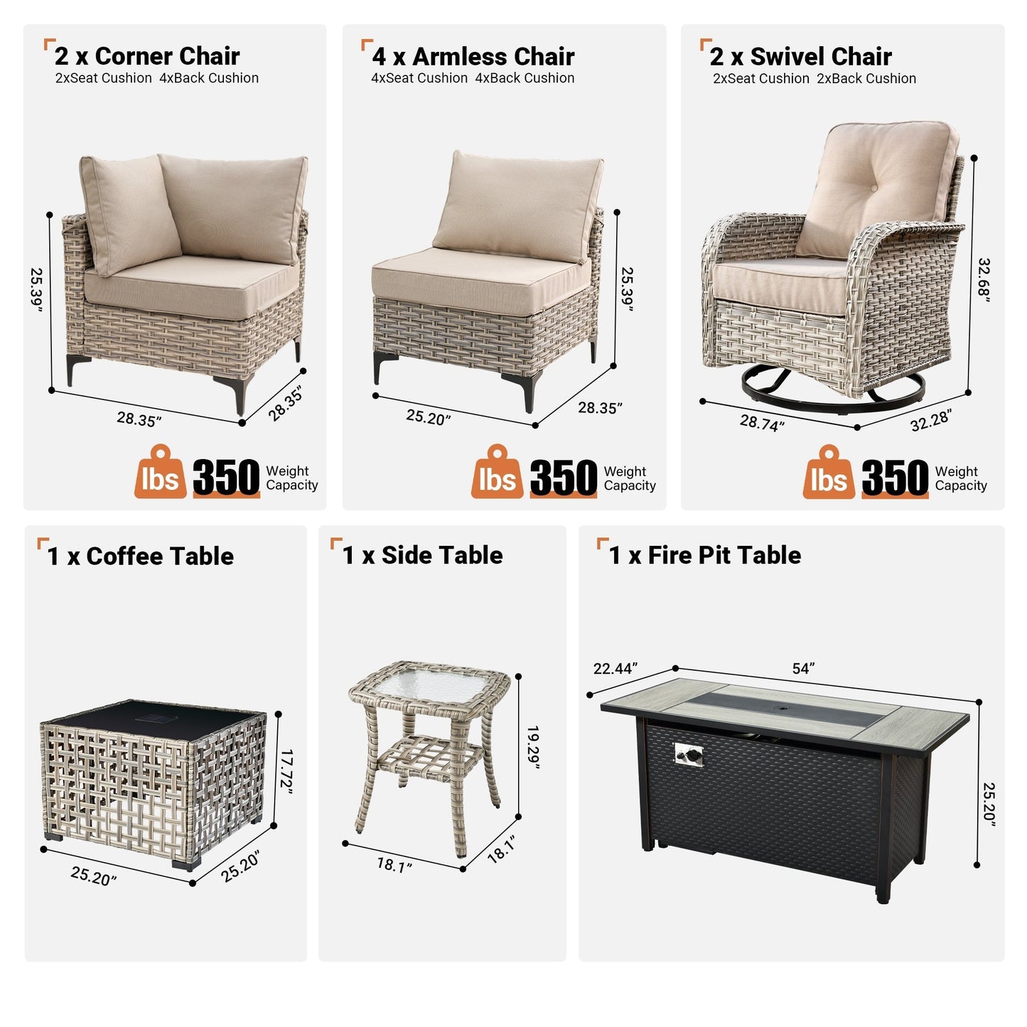 Ensemble de 11 chaises pivotantes d'extérieur en osier OVIOS avec table à feu
