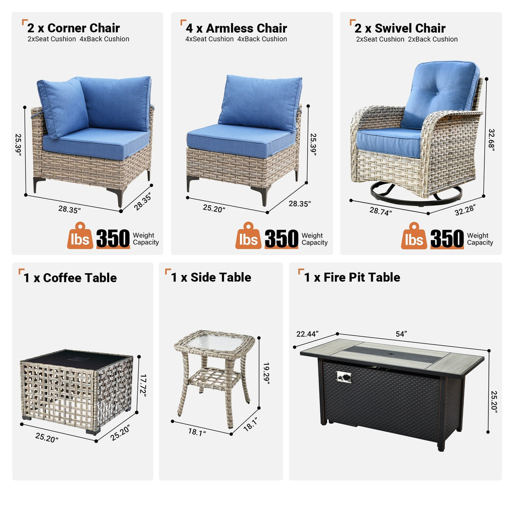 Ensemble de 11 chaises pivotantes d'extérieur en osier OVIOS avec table à feu