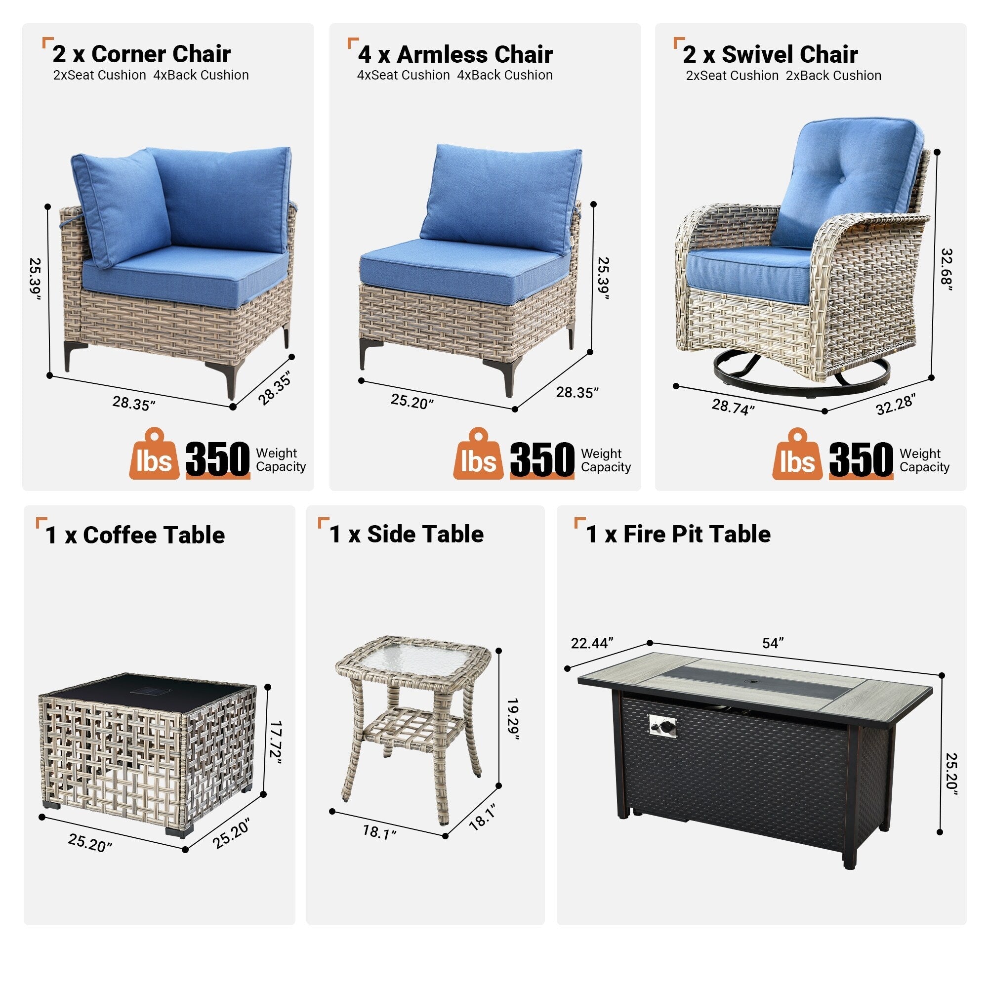 Ensemble de 11 chaises pivotantes d'extérieur en osier OVIOS avec table à feu
