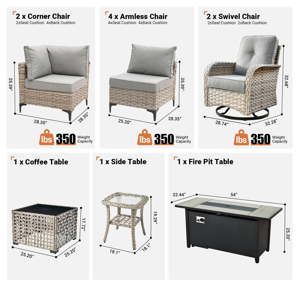 Ensemble de 11 chaises pivotantes d'extérieur en osier OVIOS avec table à feu