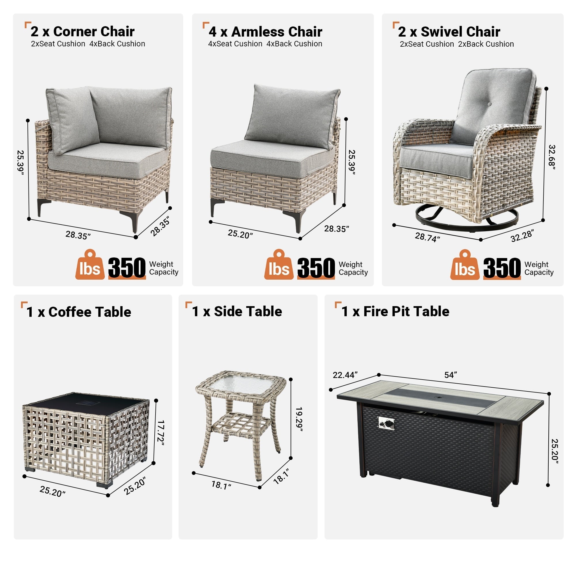 Ensemble de 11 chaises pivotantes d'extérieur en osier OVIOS avec table à feu