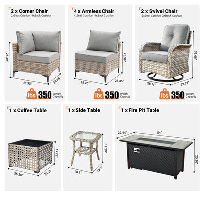 Ensemble de 11 chaises pivotantes d'extérieur en osier OVIOS avec table à feu