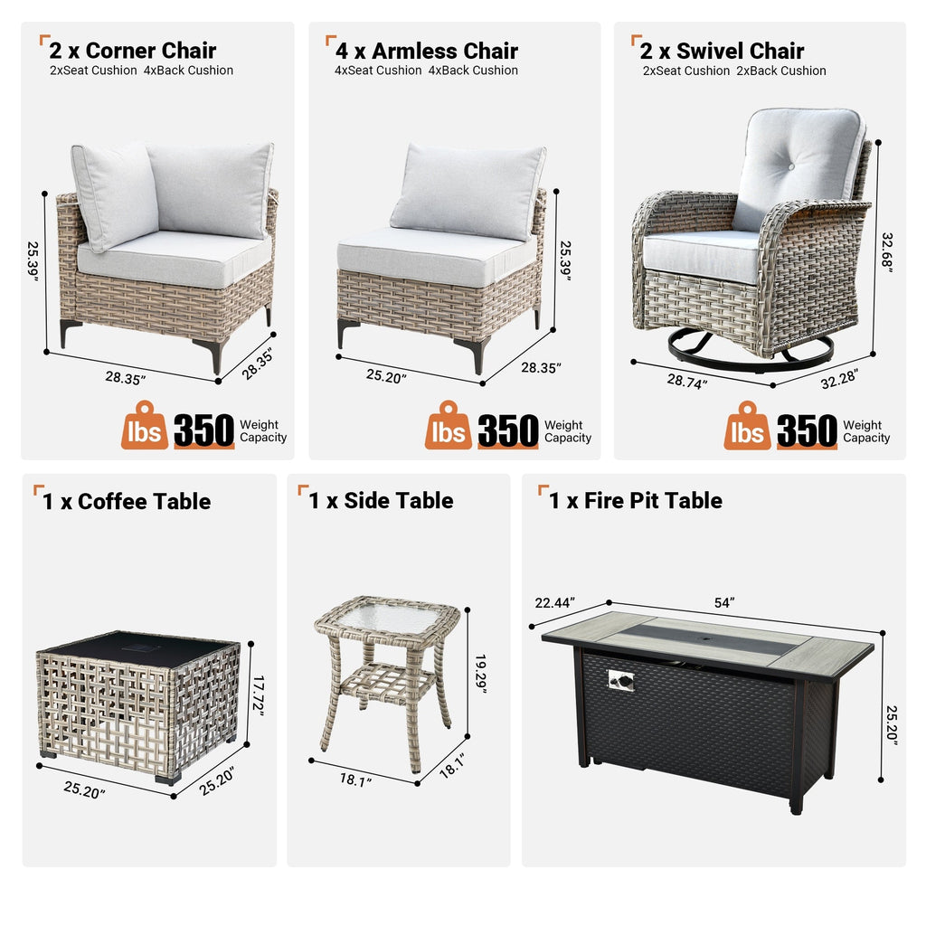 Ensemble de 11 chaises pivotantes d'extérieur en osier OVIOS avec table à feu