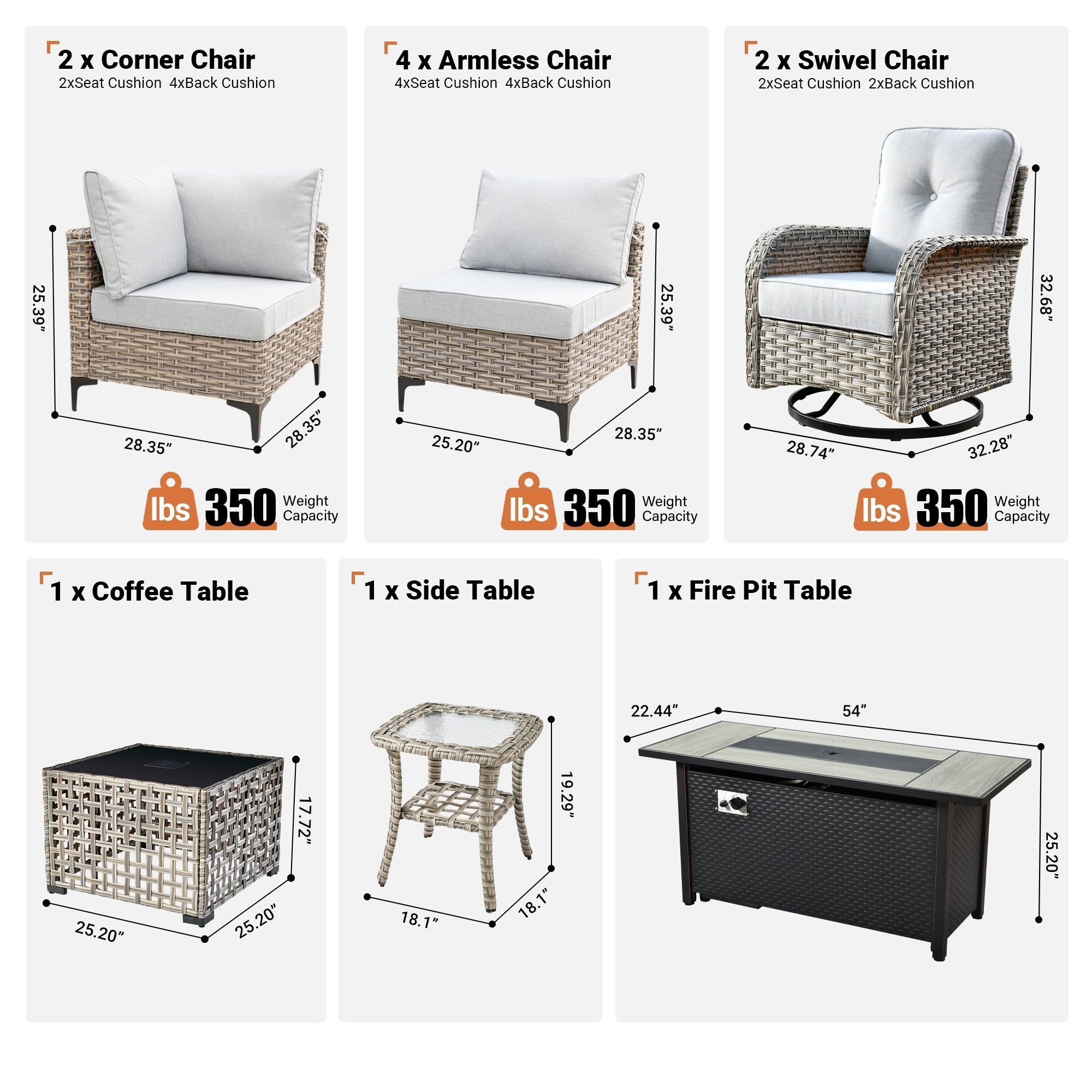 Ensemble de 11 chaises pivotantes d'extérieur en osier OVIOS avec table à feu