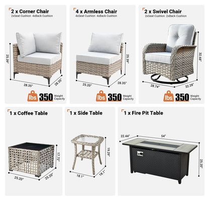 Ensemble de 11 chaises pivotantes d'extérieur en osier OVIOS avec table à feu