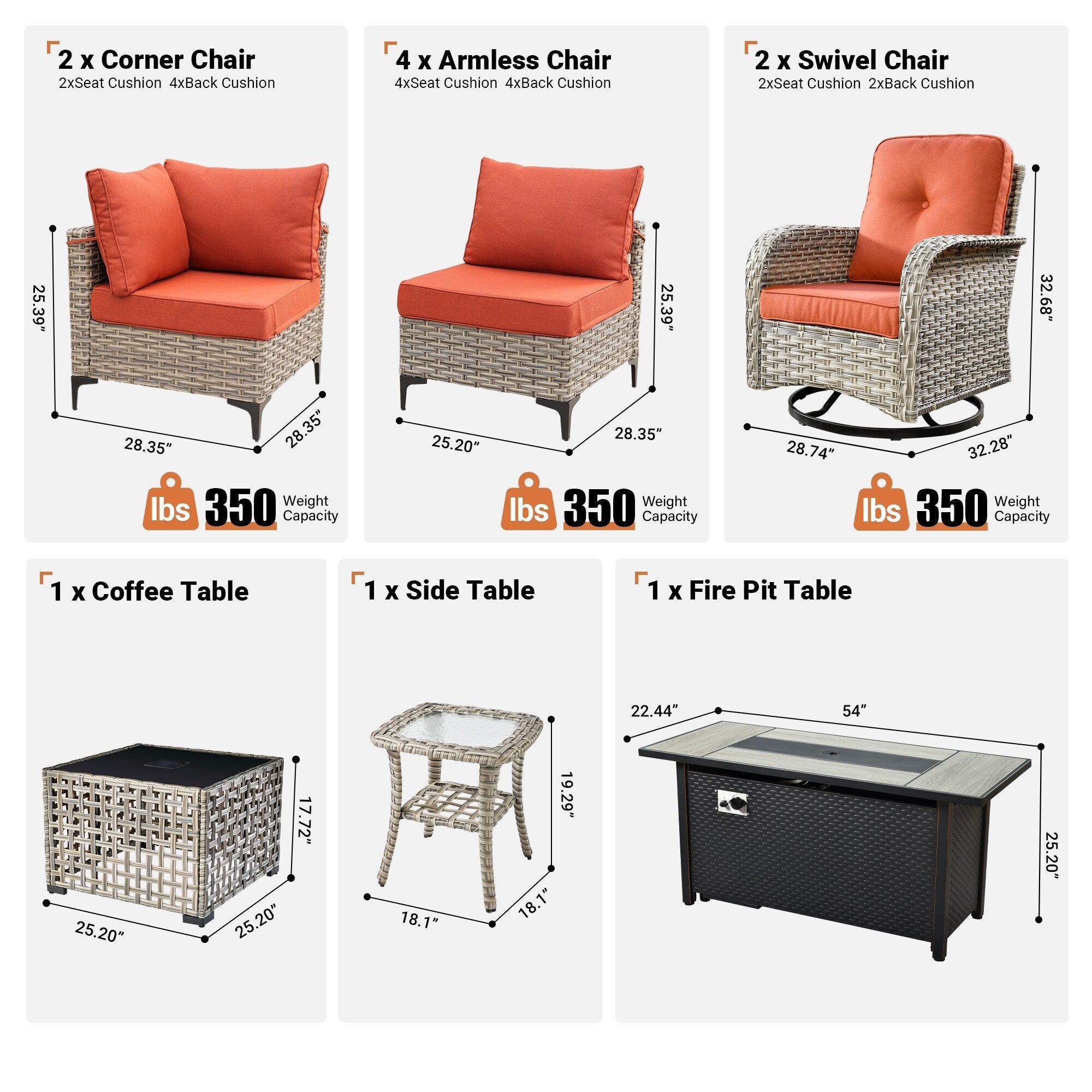 Ensemble de 11 chaises pivotantes d'extérieur en osier OVIOS avec table à feu