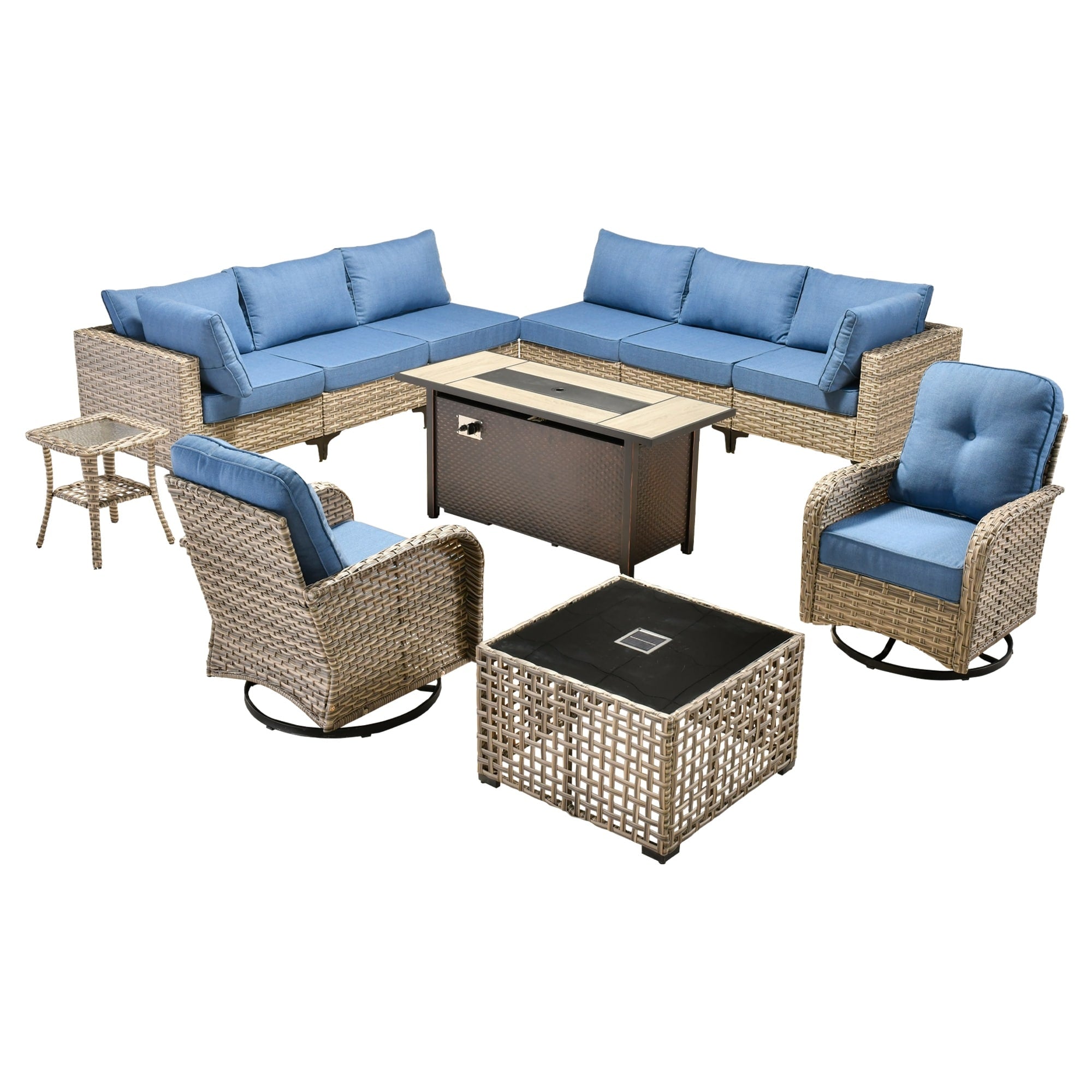Ensemble de 11 chaises pivotantes d'extérieur en osier OVIOS avec table à feu