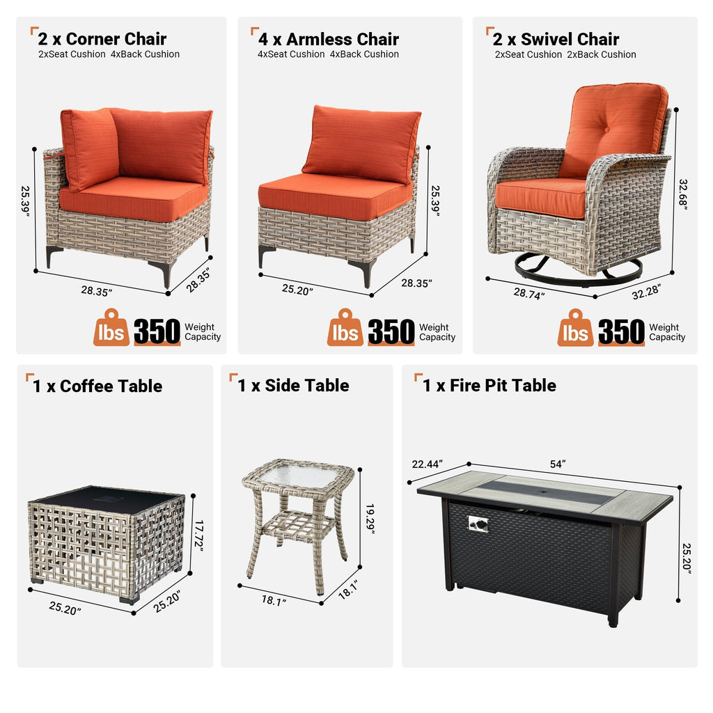 Ensemble de 11 chaises pivotantes d'extérieur en osier OVIOS avec table à feu