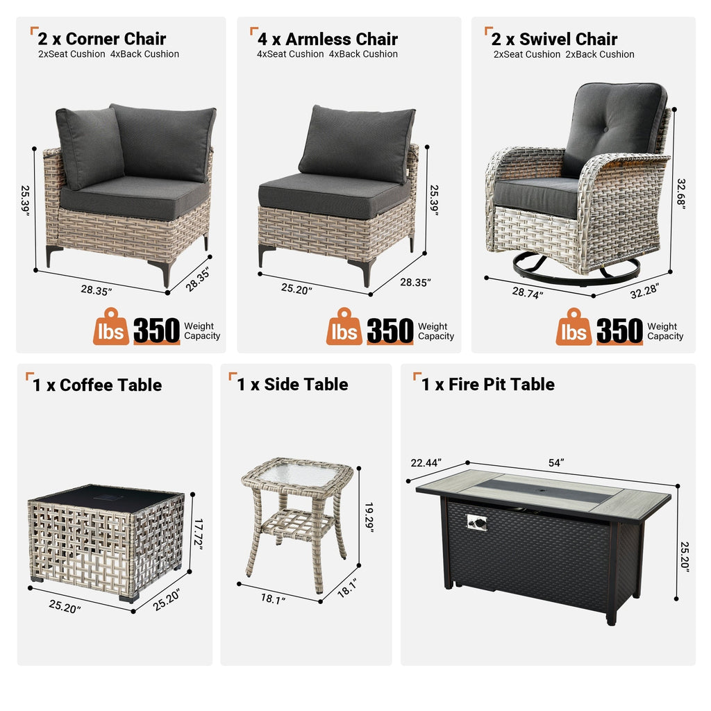 Ensemble de 11 chaises pivotantes d'extérieur en osier OVIOS avec table à feu
