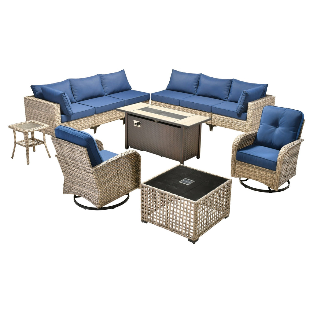 Ensemble de 11 chaises pivotantes d'extérieur en osier OVIOS avec table à feu