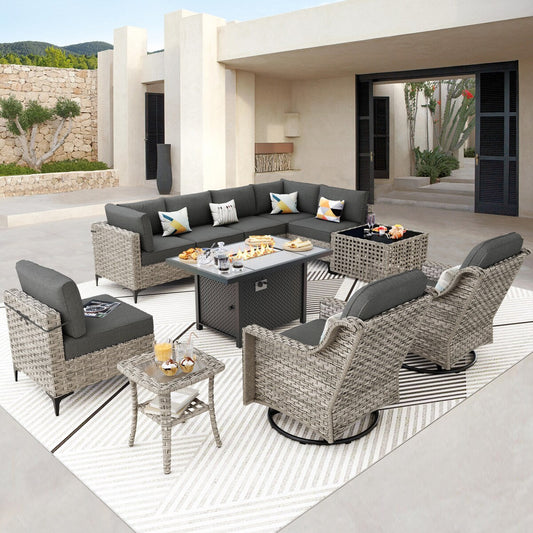 Ensemble de 11 chaises pivotantes d'extérieur en osier OVIOS avec table basse et foyer à énergie solaire
