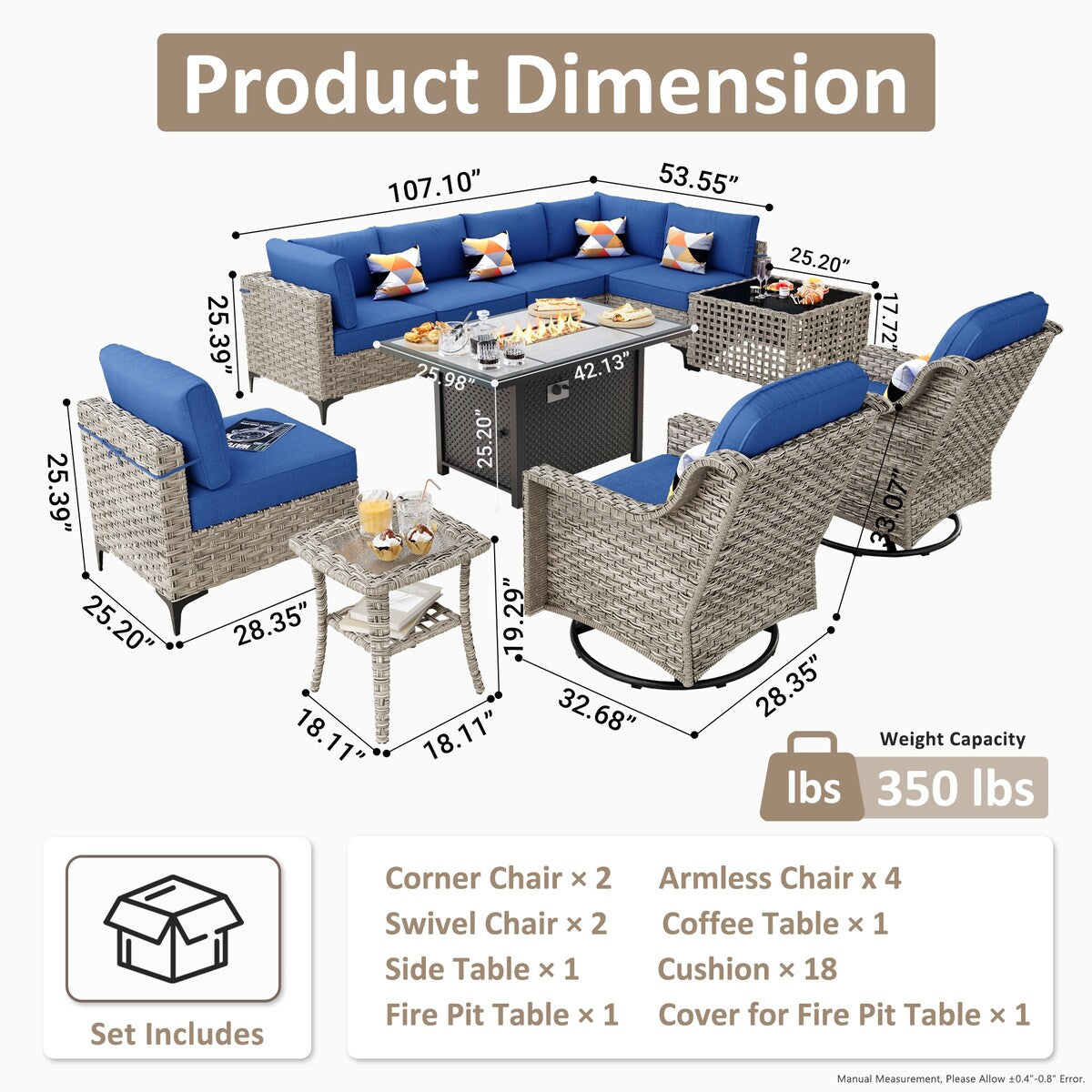 Ensemble de 11 chaises pivotantes d'extérieur en osier OVIOS avec table basse et foyer à énergie solaire