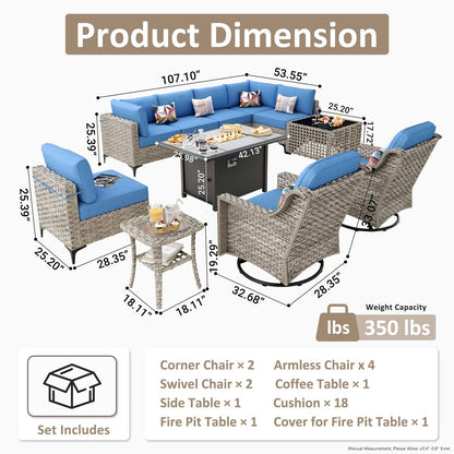 Ensemble de 11 chaises pivotantes d'extérieur en osier OVIOS avec table basse et foyer à énergie solaire
