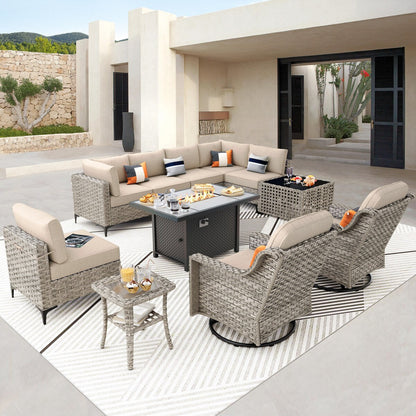 Ensemble de 11 chaises pivotantes d'extérieur en osier OVIOS avec table basse et foyer à énergie solaire