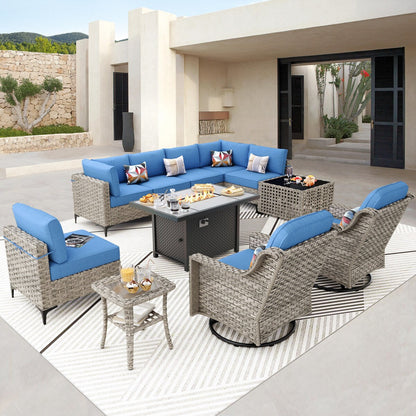 Ensemble de 11 chaises pivotantes d'extérieur en osier OVIOS avec table basse et foyer à énergie solaire