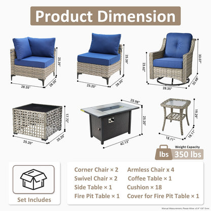 Ensemble de 11 chaises pivotantes d'extérieur en osier OVIOS avec table basse et foyer à énergie solaire