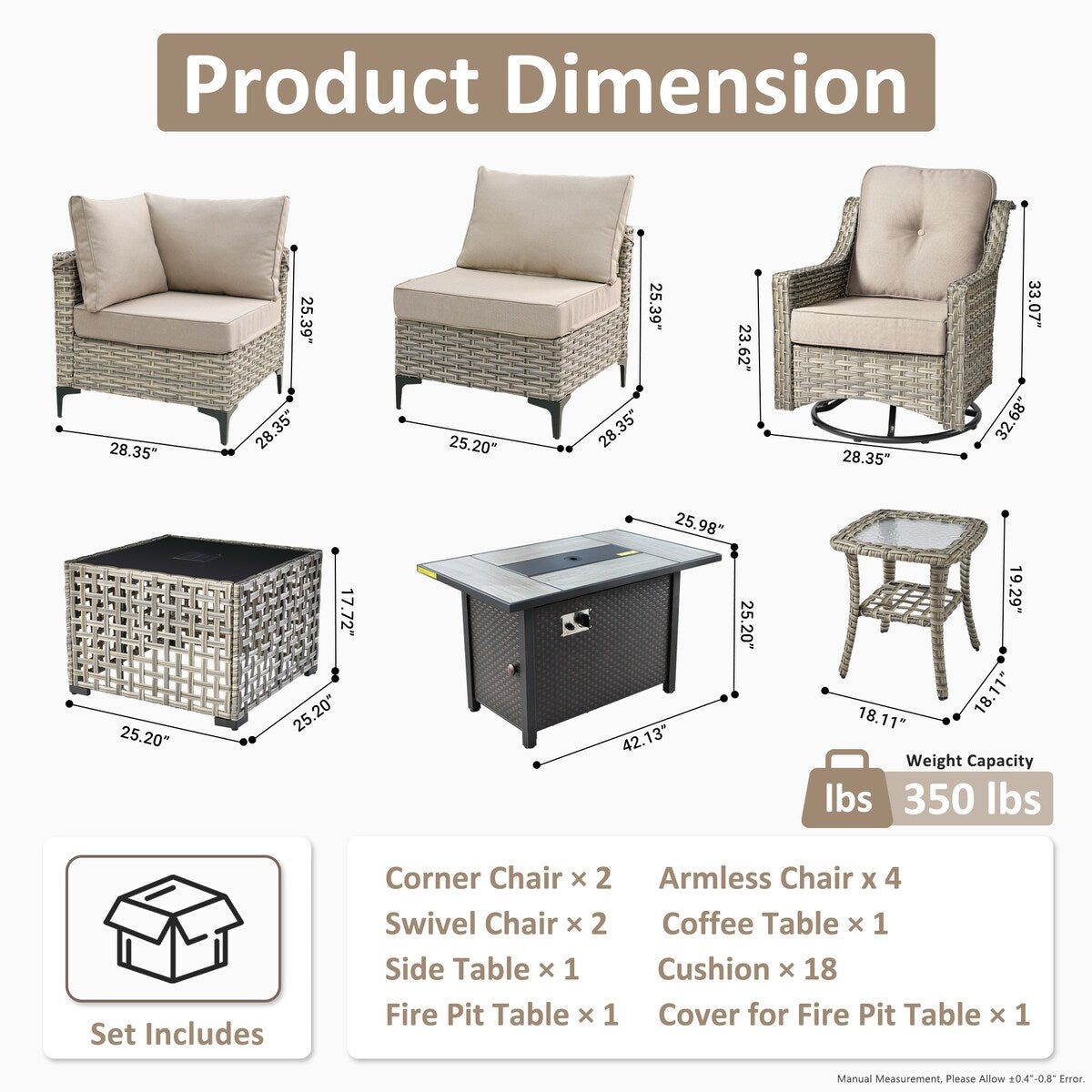 Ensemble de 11 chaises pivotantes d'extérieur en osier OVIOS avec table basse et foyer à énergie solaire