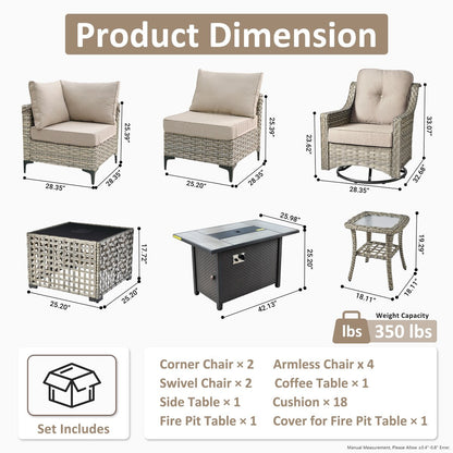Ensemble de 11 chaises pivotantes d'extérieur en osier OVIOS avec table basse et foyer à énergie solaire