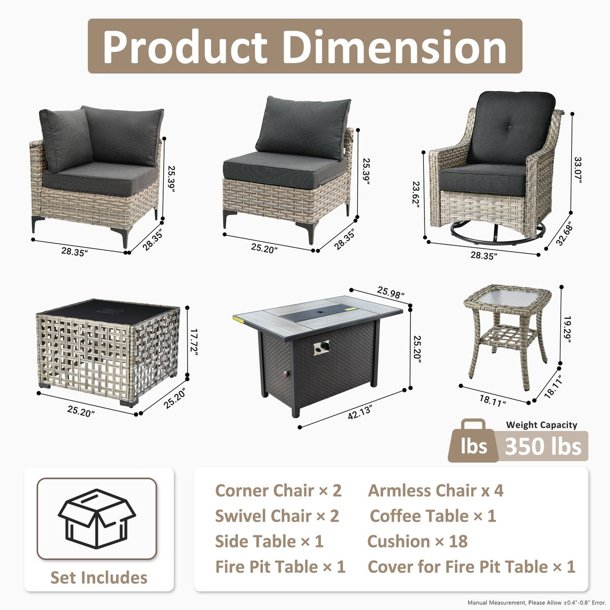 Ensemble de 11 chaises pivotantes d'extérieur en osier OVIOS avec table basse et foyer à énergie solaire