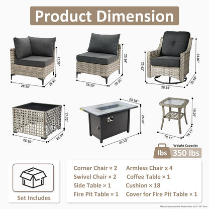 Ensemble de 11 chaises pivotantes d'extérieur en osier OVIOS avec table basse et foyer à énergie solaire